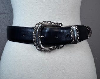 Vintage 1994 small Brighton, silver and black leather belt Goth Western Boho