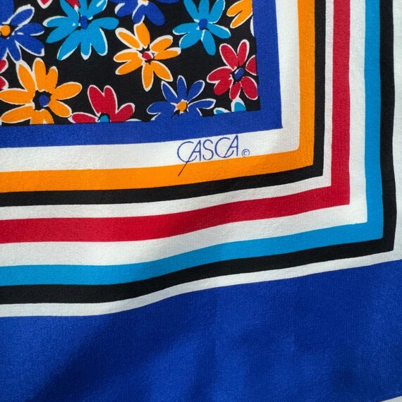 Vintage 80's Silk Scarf Blue Floral Casca For Magid Folk Art Modern View 3