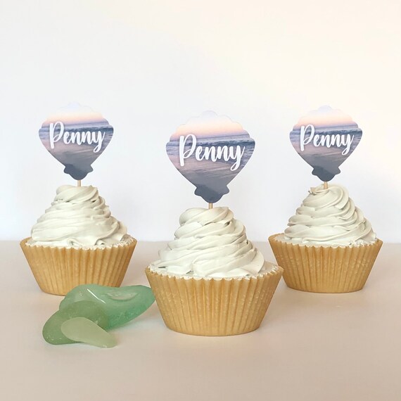 Personalized Seashell Ocean Cupcake Toppers, Set of 12 Sea Beach Ocean Birthday, Party Supplies