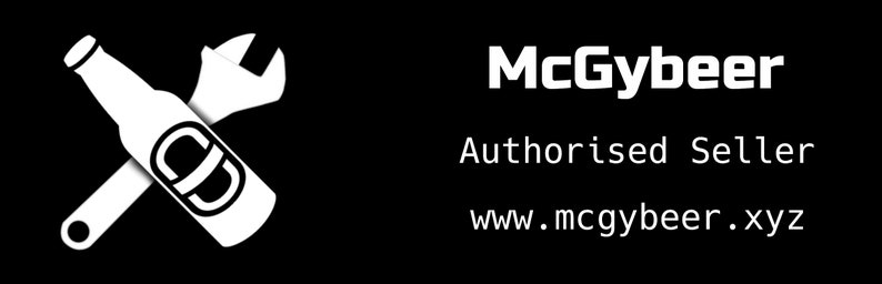 May include: White logo with a wrench and a beer bottle crossed over each other. The text "McGybeer" is in bold white letters. Below the logo, the text "Authorised Seller" is in white letters. Below that, the text "www.mcgybeer.xyz" is in white letters.
