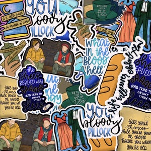 May include: A collection of colorful stickers featuring quotes and illustrations. Designs include a green teacup, a baguette, a red dress, and two figures. Text includes "You bloody pillock" and "What in the blood hell".