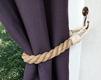 Jute Rope Curtain Tie Back with White Loops: Nautical Decor