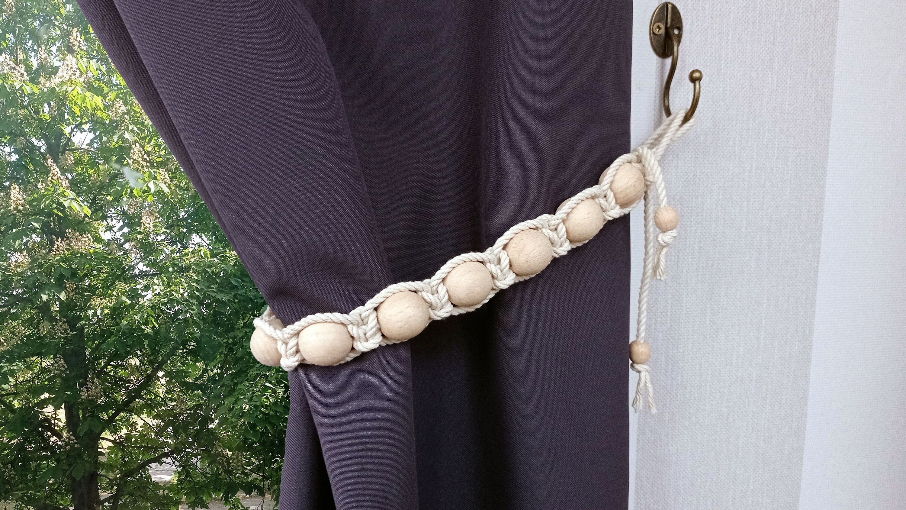 Cotton Curtain Tie Back: Nautical Wooden Bead Decor