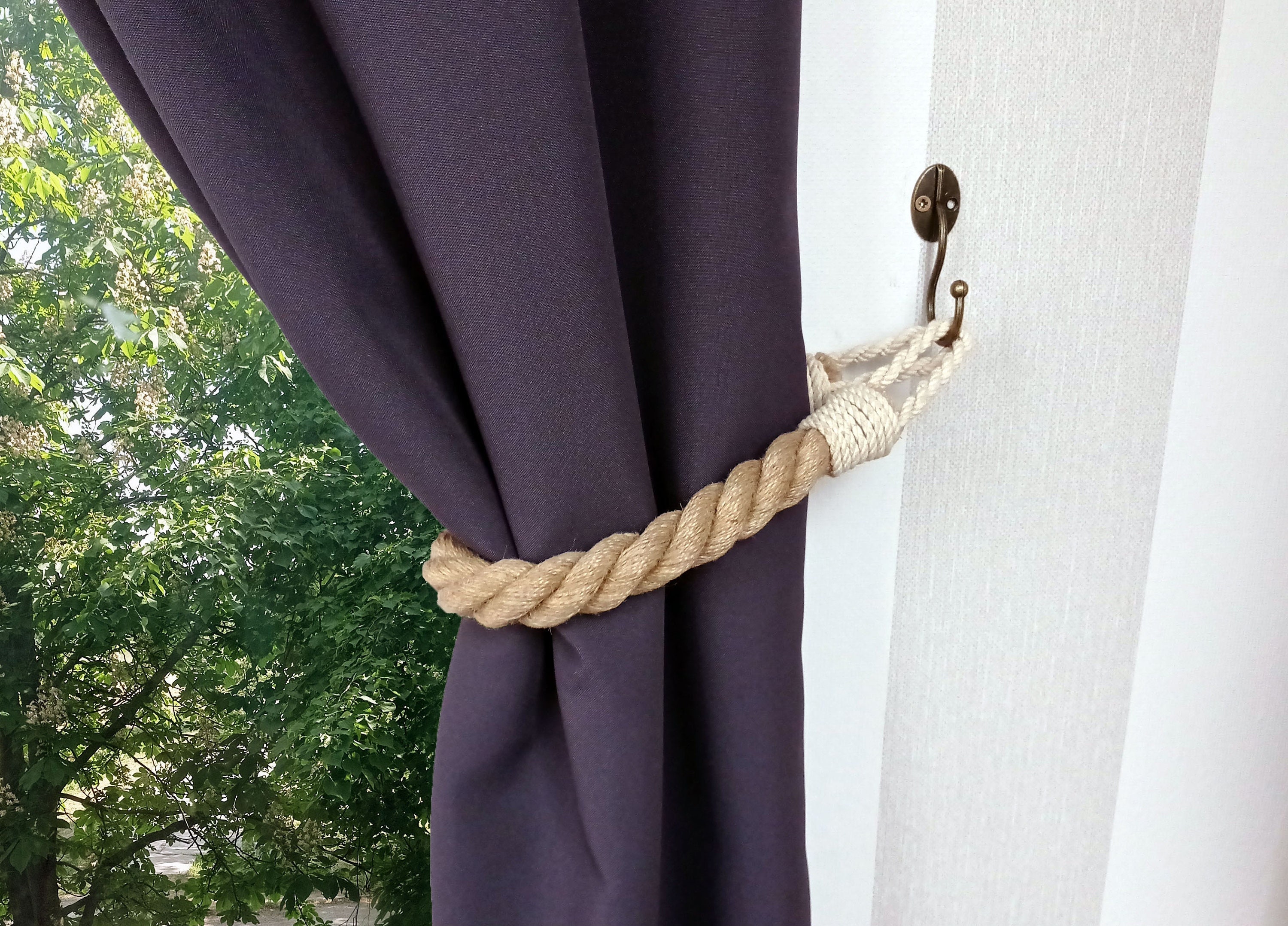 Jute Rope Curtain Tie Back with White Loops: Nautical Decor