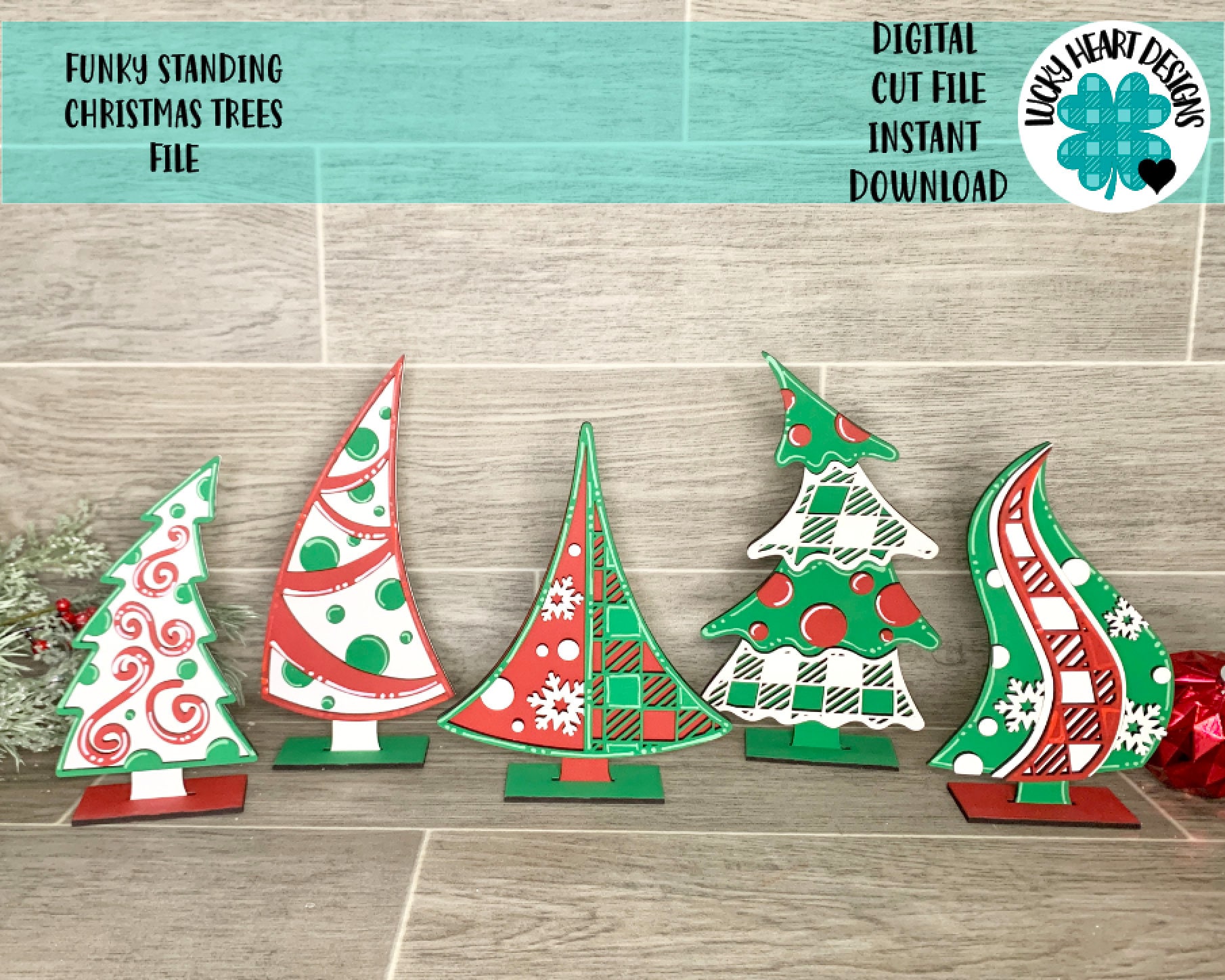 Funky Standing Christmas Trees File SVG, Whimsical Glowforge, LuckyHe…