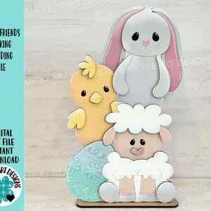 Amis de Pâques empilable fichier debout SVG, Glowforge, poussin, lapin, agneau, printemps, disquette d'oreilles, chasse aux œufs, LuckyHeartDesignsCo