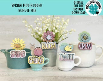 Spring Mug Hugger Bundle File SVG, Glowforge, Flower, Bird, Snail, Floral, Tiered Tray, Tray Decor, Plant Topper, Gift, LuckyHeartDesignsCo