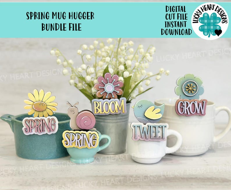 May include: A set of five spring-themed mug huggers, each with a different design and text. The designs include a flower, a snail, a bird, and two different versions of the word "spring". The text on the mug huggers includes the words "bloom", "grow", "tweet", and "spring".
