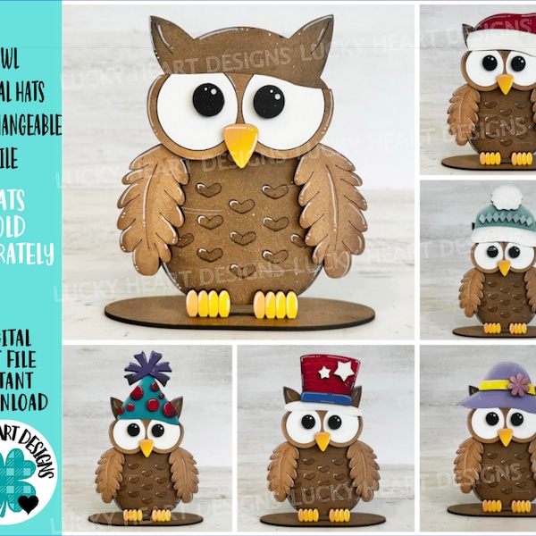 Owl Animal Hats Interchangeable MINI File SVG, Seasonal Leaning sign, Christmas, Holiday, Pet, Tiered Tray Glowforge, LuckyHeartDesignsCo