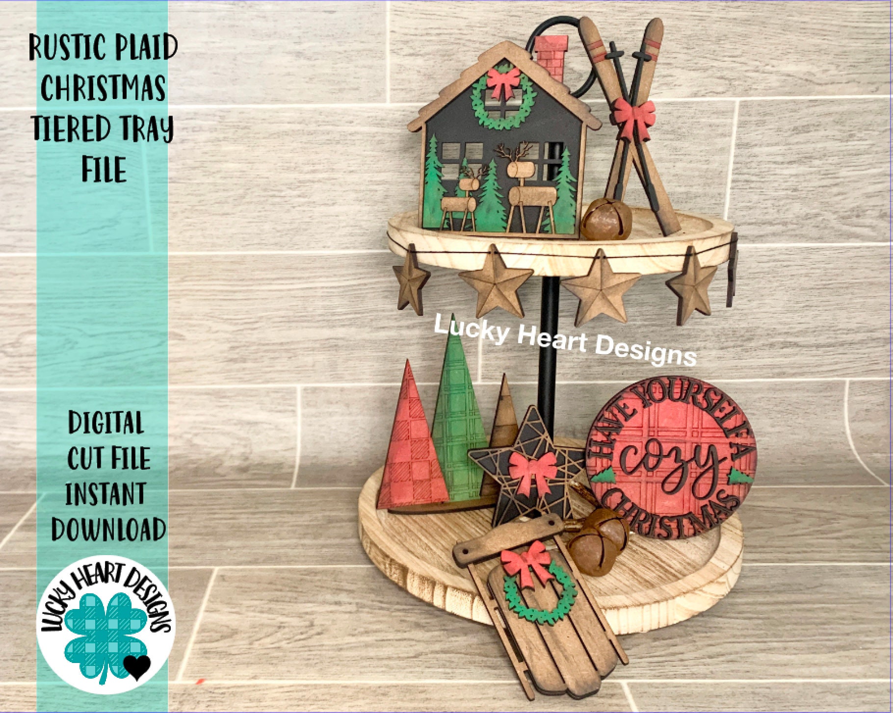 Rustic Plaid Christmas Tiered Tray File SVG, Cabin Sled Holiday Tier …