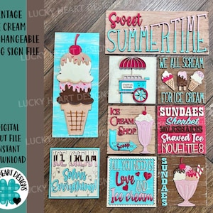 Vintage Ice Cream Interchangeable Leaning Sign File SVG, Tiered Tray Glowforge, LuckyHeartDesignsCo