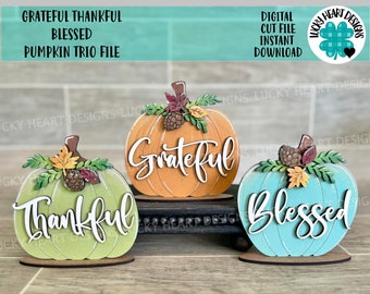 Könnte beinhalten: Drei hölzerne Kürbisdekorationen mit den Worten "Grateful", "Thankful" und "Blessed" darauf bemalt. Die Kürbisse sind in Orange, Grün und Blau bemalt.