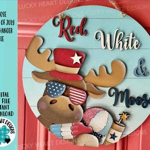 File SVG per appendere la porta del 4 luglio di Moose, America, Fattoria, USA Glowforge, Fuoco d'artificio, Granita, Stella, Bandiera, LuckyHeartDesignsCo