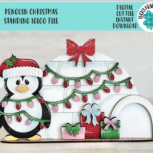 Pingwin Boże Narodzenie Stojący Igloo Plik SVG, Glowforge Candy Cane, Święty Mikołaj, Zima, Taca Piętrowa, LuckyHeartDesignsCo