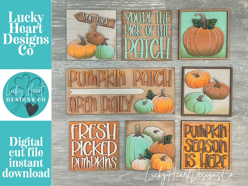 Peut inclure: Ensemble de panneaux en bois sur le th&egrave;me des citrouilles. Les panneaux affichent des phrases telles que &laquo;&nbsp;You Pick&nbsp;&raquo;, &laquo;&nbsp;You're the Pick of the Patch&nbsp;&raquo; et &laquo;&nbsp;Pumpkin Season is Here&nbsp;&raquo;. Les citrouilles sont peintes en orange, vert et marron.