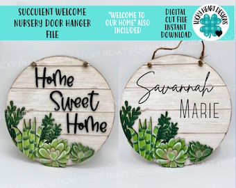 Succulent Welcome Nursery Door Hanger Sign File SVG, Glowforge, Home Sweet Home, LuckyHeartDesignsCo