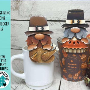 May include: Thanksgiving-themed gnome mug hugger file. The image shows two gnome designs, one holding a turkey and the other a pumpkin pie, perched on a white mug and a candle. The gnomes wear brown hats with white bands.