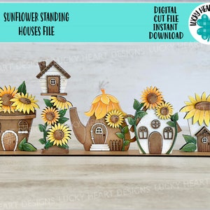 Tournesol, maisons debout fichier SVG, Glowforge, fleur, théière, fée, maison d'oiseau, LuckyHeartDesignsCo