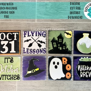 May include: Set of eight interchangeable Halloween-themed wooden signs. The signs feature various Halloween imagery, including a ghost, a witch's hat, a cauldron, a potion bottle, a haunted house, bats, and broomsticks. The signs are painted in various colours, including black, white, green, orange, purple, and yellow. The signs are designed to be used as a leaning sign set.