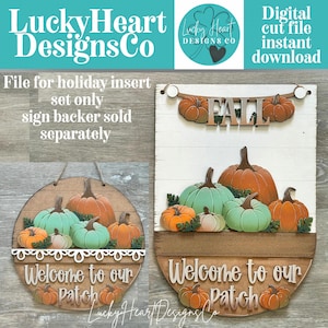 May include: Two wooden fall-themed signs. One is round with pumpkins in shades of orange and teal, and the text "Welcome to our Patch." The other is rectangular with the word "FALL" and pumpkins. The signs are for a digital cut file.