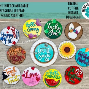 Wymienny sezonowy okrągły shiplap do tacek warstwowych Plik SVG, kształty sezonowe pochylonej drabiny, laser Glowforge, LuckyHeartDesignsCo