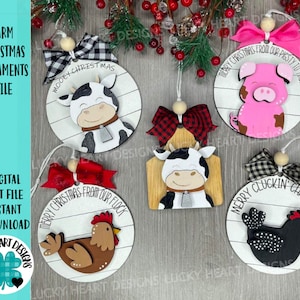 Farm Christmas Ornament File SVG, Glowforge, Pig, Cow, Chicken, LuckyHeartDesignsCo
