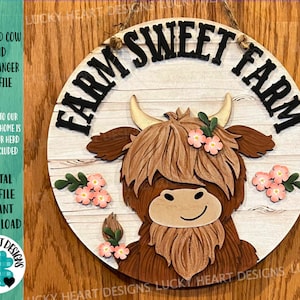 ハイランド牛の丸いドアハンガー ファイル SVG、Farm Glowforge、LuckyHeartDesignsCo