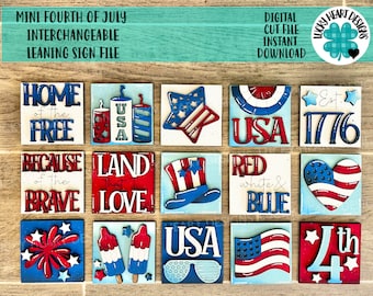 May include: A set of 12 interchangeable wooden signs with a patriotic theme. The signs feature red, white, and blue colors and various designs, including stars, stripes, fireworks, and the words "Home of the Free", "Land that I Love", "USA", "Red White & Blue", and "4th".