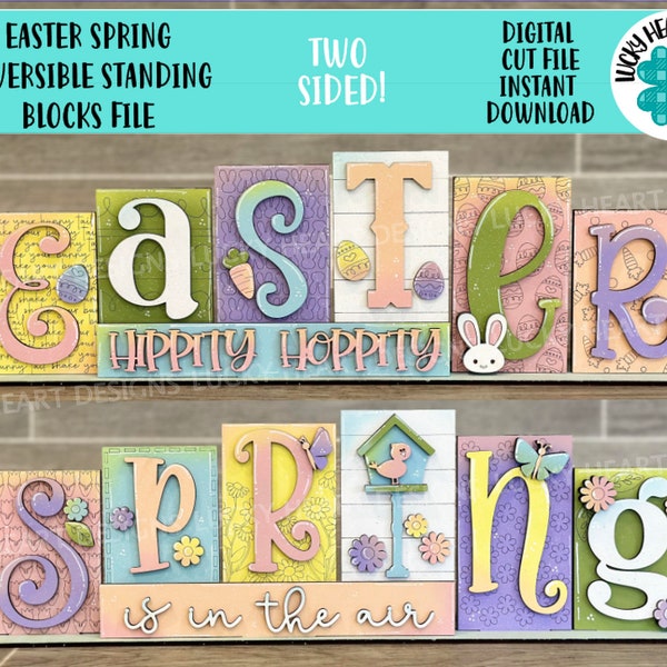 Easter Spring Standing Reversible Blocks File SVG, Tiered Tray Bunny, Flowers, Birdhouse, Glowforge, LuckyHeartDesignsCo