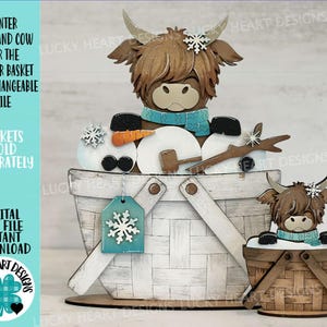 Winter Highland Cow For The Flower Basket Verwisselbaar bestand SVG, TINY, sneeuwpop, vakantie, gelaagde lade, Glowforge, LuckyHeartDesignsCo