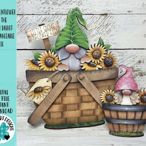Gnome tournesol pour le panier de fleurs fichier interchangeable SVG, petite fleur florale été automne plateau à plusieurs niveaux Glowforge, LuckyHeartDesignsCo