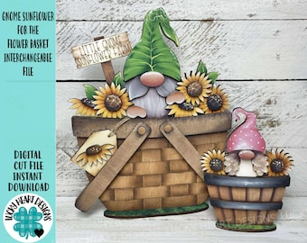 Gnome Sunflower For The Flower Basket Interchangeable File SVG, TINY Flower Floral Summer Fall Tiered Tray Glowforge, LuckyHeartDesignsCo