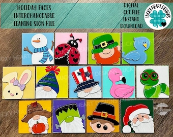 Holiday Faces Interchangeable Leaning Sign File SVG, Leaning Ladder Seasonal Shapes, Glowforge Laser, LuckyHeartDesignsCo