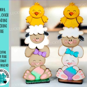 May include: A digital cut file for a stackable Easter bunny, lamb, and chick. The bunny is holding a pastel egg, the lamb has a purple bow, and the chick is yellow with a red beak.
