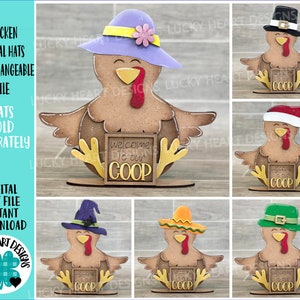 Cappelli animali di pollo intercambiabili MINI File SVG, segno pendente stagionale, vacanze, vassoio a livelli fattoria Glowforge, LuckyHeartDesignsCo