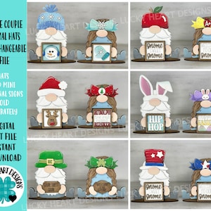 Couple de nains, chapeaux animaux, fichier MINI interchangeable SVG, signe penché saisonnier, vacances, plateau à plusieurs niveaux Glowforge, LuckyHeartDesignsCo