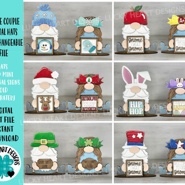 Gnome Couple Animal Hats Interchangeable MINI File SVG, Seasonal Leaning sign, Holiday, Tiered Tray Glowforge, LuckyHeartDesignsCo