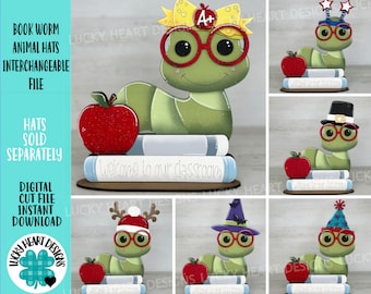 Book Worm Animal Hats Interchangeable File SVG, Seasonal Leaning sign, Christmas,Holiday, Tiered Tray Glowforge, LuckyHeartDesignsCo
