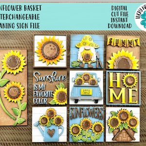 Fichier de signe penché interchangeable panier tournesol SVG, automne été, nain, camion de ferme, plateau à plusieurs niveaux Glowforge, LuckyHeartDesignsCo