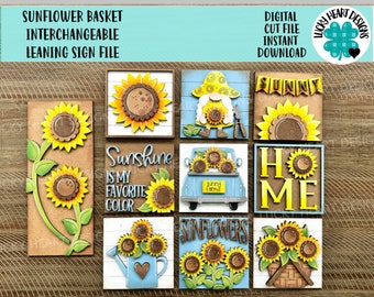 Sonnenblumenkorb austauschbare lehnende Zeichendatei SVG, Herbstsommer, Gnom, Bauernhaus-LKW, abgestuftes Tablett Glowforge, LuckyHeartDesignsCo
