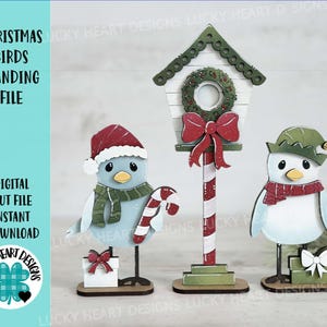 Arquivo de pássaros de Natal em pé SVG, Glowforge, casa de pássaros, Papai Noel, bengala de doces, elfo, bandeja em camadas LuckyHeartDesignsCo