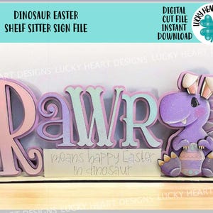 Dinosaure Pâques étagère sitter signe fichier SVG, Glowforge, plateau à plusieurs niveaux, oeuf, carotte, lapin T-Rex, chasse aux œufs, LuckyHeartDesignsCo