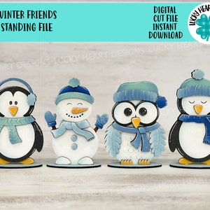 Amigos de invierno Archivo de pie SVG, Glowforge, Pingüino, Búho, Muñeco de nieve, Bandeja escalonada de invierno LuckyHeartDesignsCo