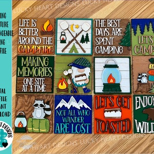 Camping Adventure archivo de signo inclinado intercambiable SVG, bandeja escalonada Glowforge, LuckyHeartDesignsCo