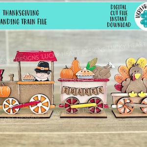 Thanksgiving Standing Train File, Glowforge, Pumpkin, Turkey, Pilgrim, Tiered Tray, LuckyHeartDesignsCo