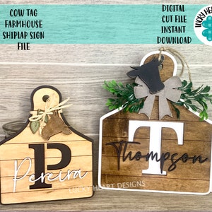 Cow Tag Farmhouse Initial Sign File SVG, Snijplank, Gelaagde Tray, Glowforge, LuckyHeartDesignsCo