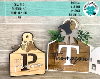 Cow Tag Farmhouse Initial Sign File SVG, Cutting Board, Tiered Tray, Glowforge, LuckyHeartDesignsCo