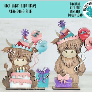Highland Birthday Standing File SVG, TINY, Krowa, Święto, Świętuj Taca warstwowa, Glowforge, LuckyHeartDesignsCo