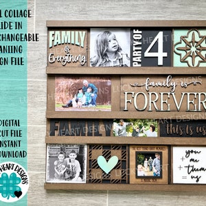 以下が含まれることがあります： 家族をテーマにした、交換可能なフレームが付いた木製壁のコラージュ。フレームには、家族の写真、ハート、そして「Family is Everything」、「Party of 4」、「Family is Forever」、「This is Us」、「You + Me + Them = Us」という文字が書かれています。
