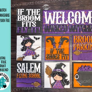Niedliche Hexe austauschbare lehnende Zeichendatei SVG, Glowforge abgestuftes Tablett, Halloween, Boo, Süßes oder Saures, LuckyHeartDesignsCo